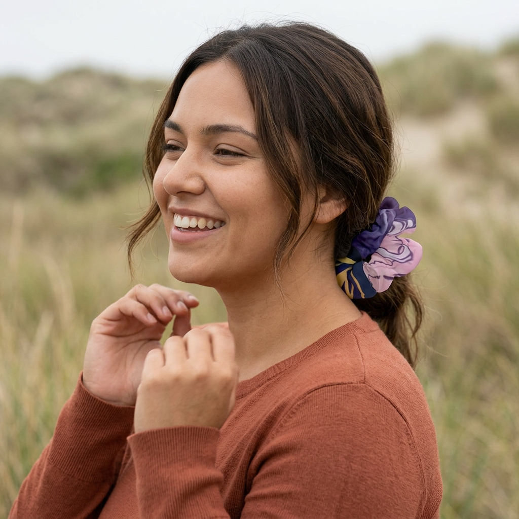 A young woman with wavy dark hair tied with a colorful scrunchie, smiling and outdoors in a natural setting.