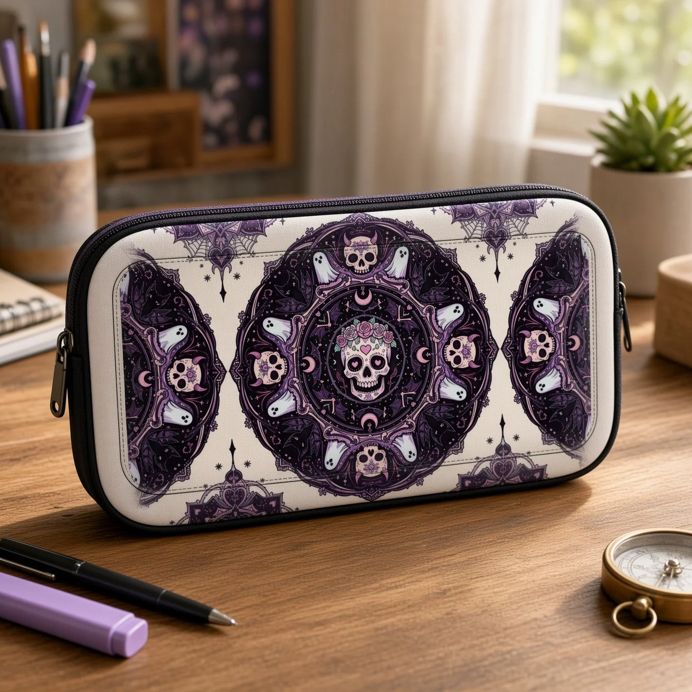 Pastel Goth Sugar Skull Pencil Case – Spooky Floral & Ghost Canvas Travel Bag