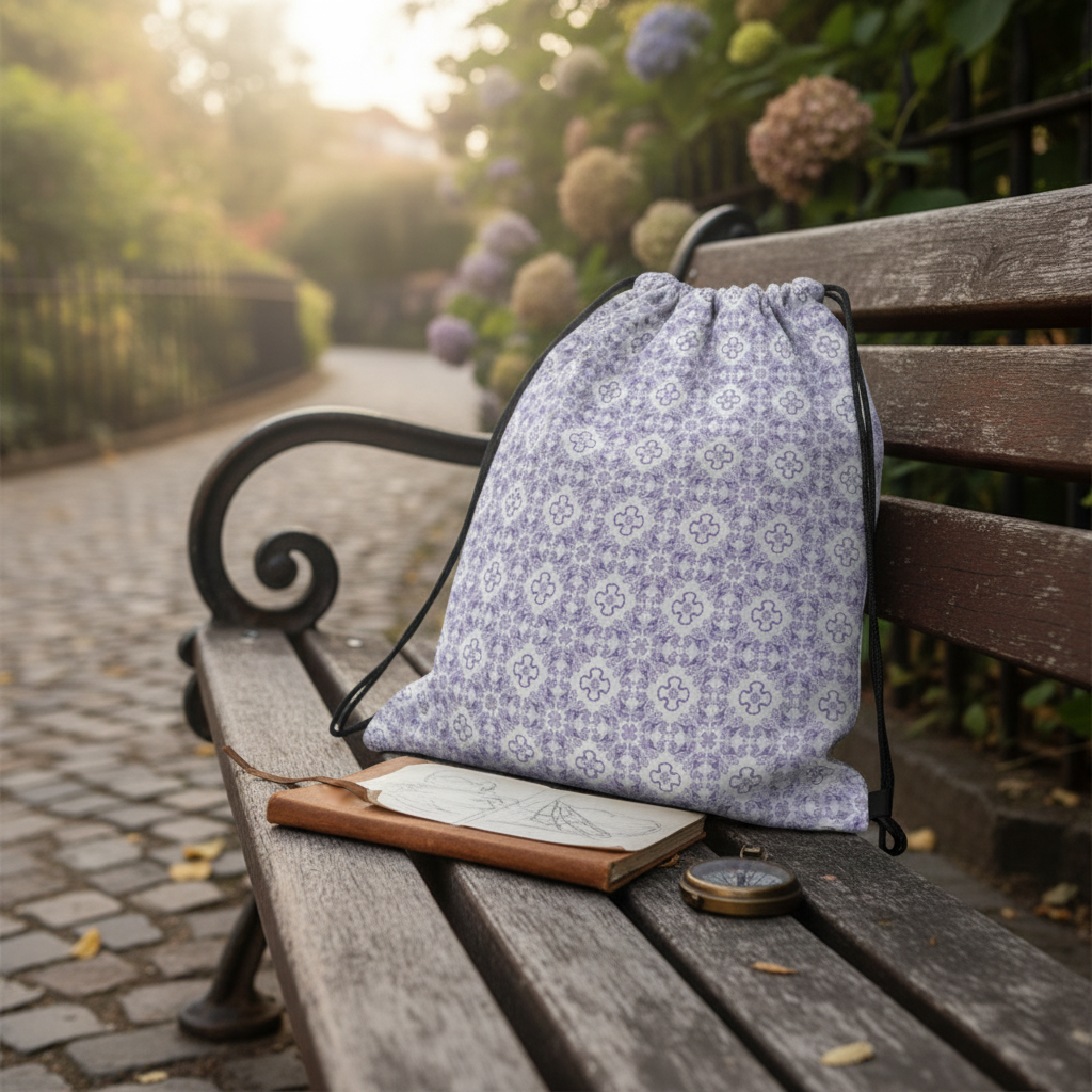 A purple floral-patterned drawstring bag on a wooden park bench near a sidewalk with trees and bushes in the background.