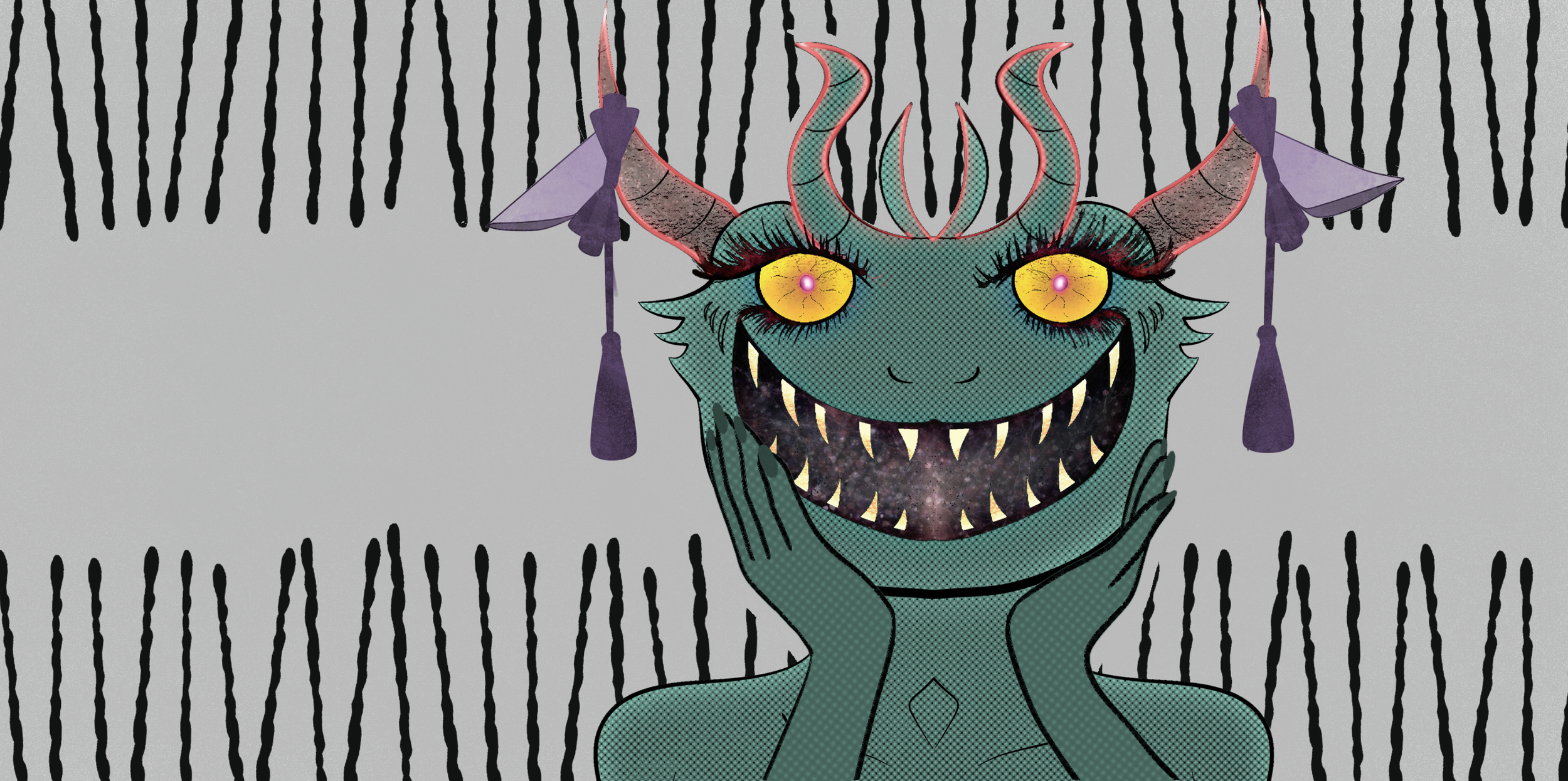 A cartoon illustration of a monster with sharp teeth, yellow eyes, purple horns, and a wide smile. The monster has green skin with a galaxy pattern on its face and body. It has purple tassels hanging from its horns. The background features black vertical lines on a gray backdrop.