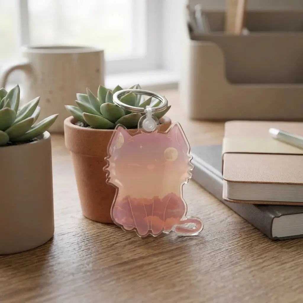 Close-up of a desk with potted succulent plants, a cat-shaped pink keychain, a closed notebook, and a gray and beige box near a window in the background.