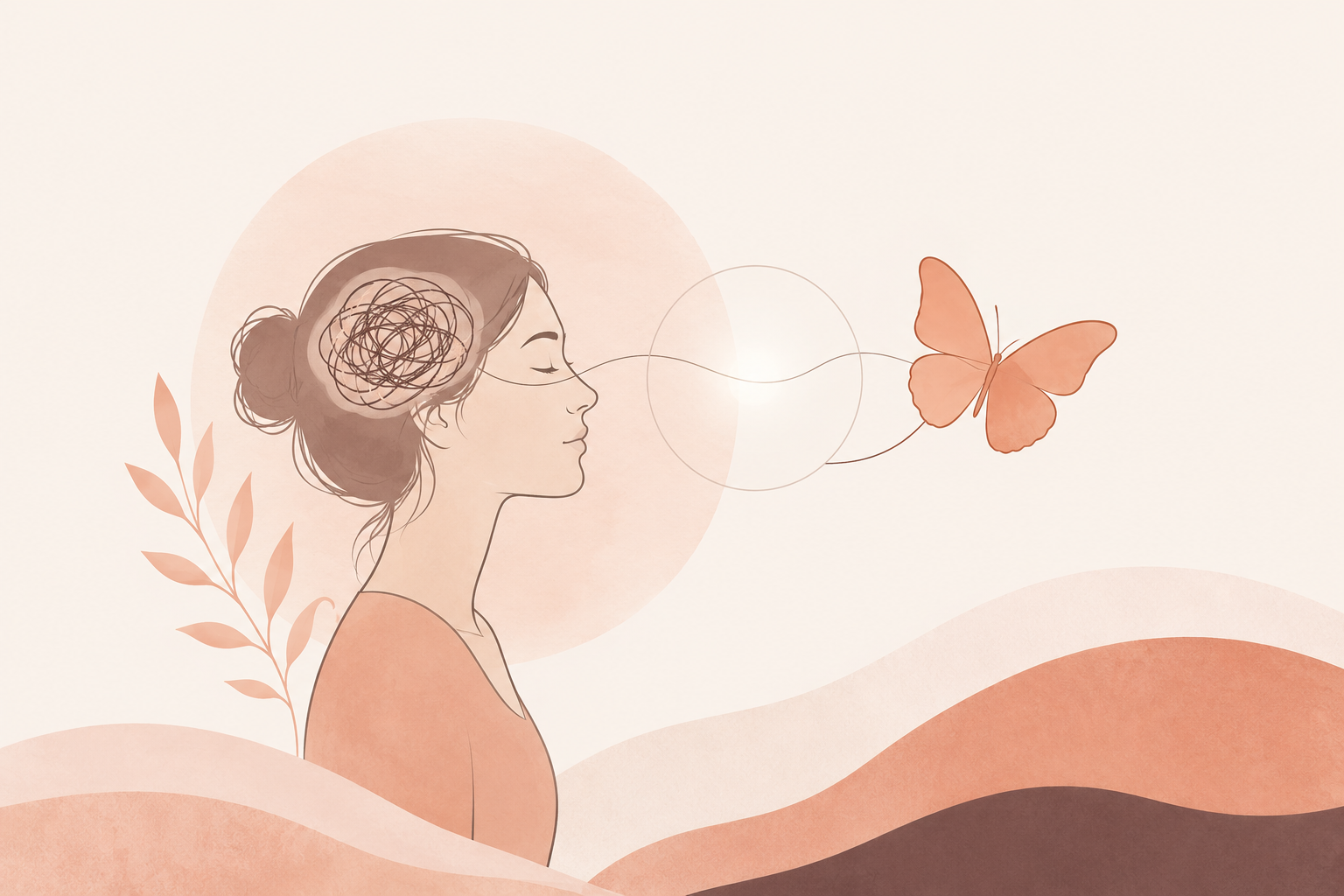 Illustration of a woman with closed eyes, a scribble above her head, and a butterfly symbolizing emotional healing