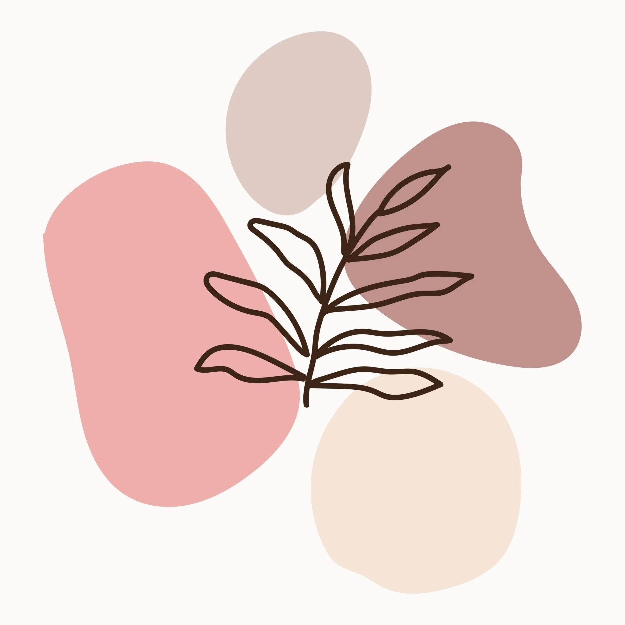 Abstract botanical illustration with earthy neutral tones, organic shapes, and delicate black line leaf artwork, creating a calm and soothing feel.