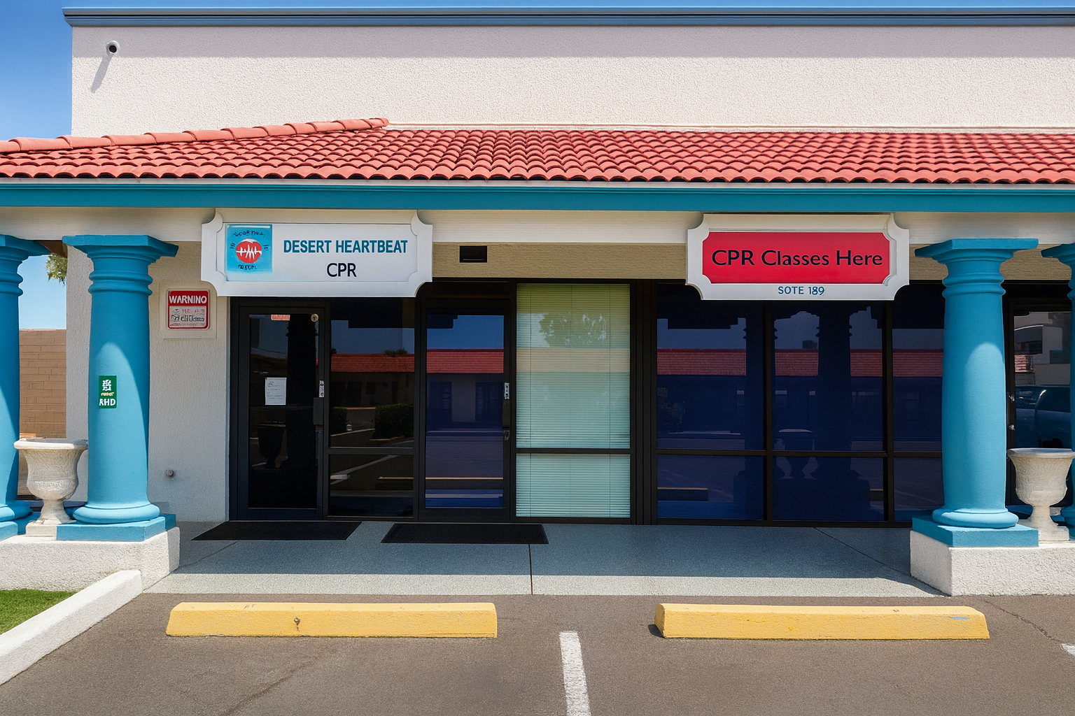 Outside of a building advertising CPR classes, with signs indicating "Desert Heartbeat CPR" and "CPR Classes Here."