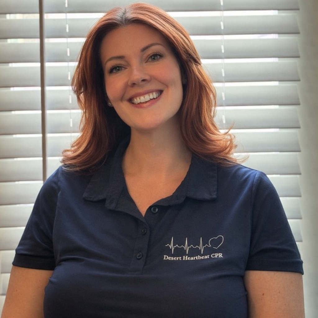 A woman with shoulder-length red hair smiling in front of window blinds, wearing a navy blue polo shirt with Desert Heartbeat CPR logo.