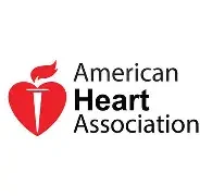Logo of the American Heart Association with a stylized red heart and white torch inside it, and the organization's name next to it.