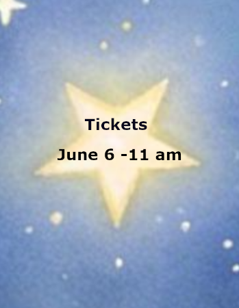A glowing star with text displaying event details: 'Tickets June 6 - 11 am'.