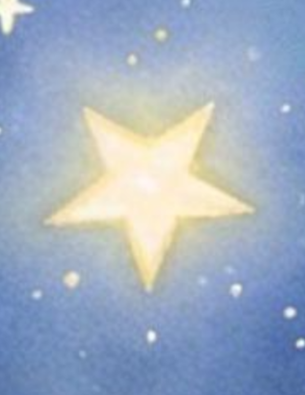 A glowing yellow five-pointed star against a blue background with smaller white stars.