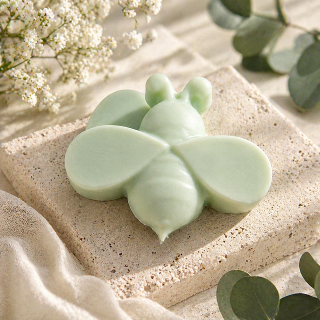 A green soap shaped like a butterfly rests on a soap dish, with white flowers and green leaves in the background.