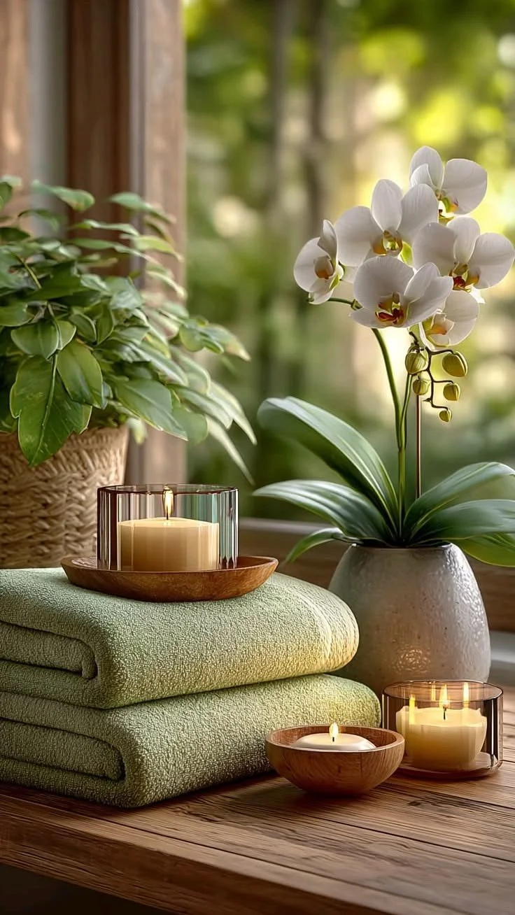 A peaceful indoor scene with potted plants, a white orchid, a large green houseplant in a wicker basket, and lit candles on a wooden table, with a view of a lush green outdoor background through a window.