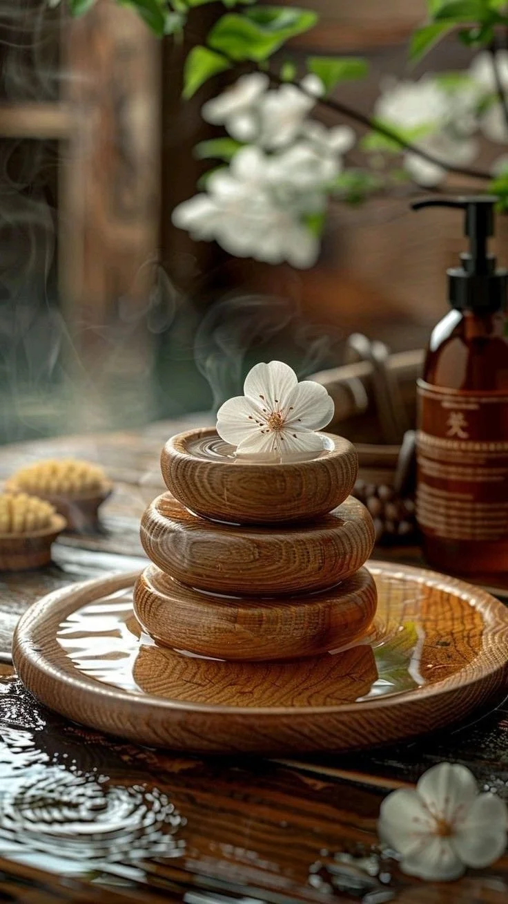 Steam rising from a steaming hot water basin topped with a white flower, with a wooden tray, a spray bottle, and other spa items in the background.