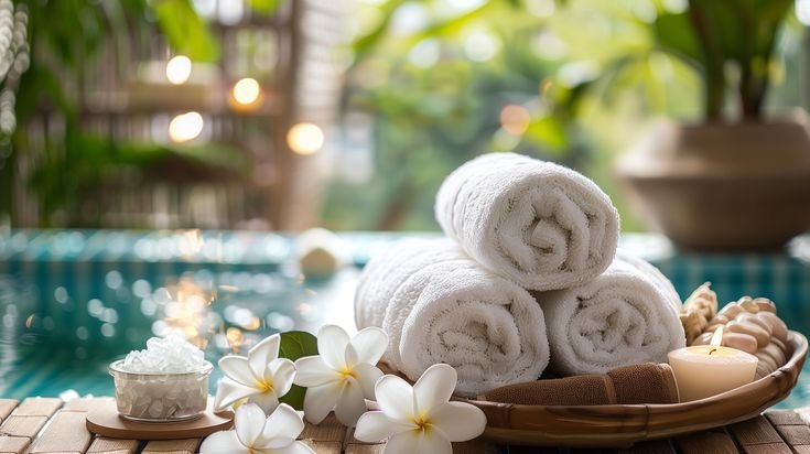 Towels and flowers on a tray near a pool in a spa setting.