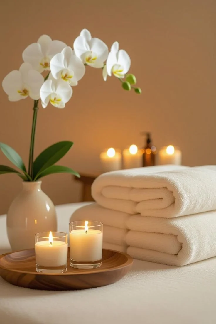 Decorative spa scene with white towels, two lit candles on a wooden tray, and a white orchid in a vase, with candles in the background creating a relaxing atmosphere.