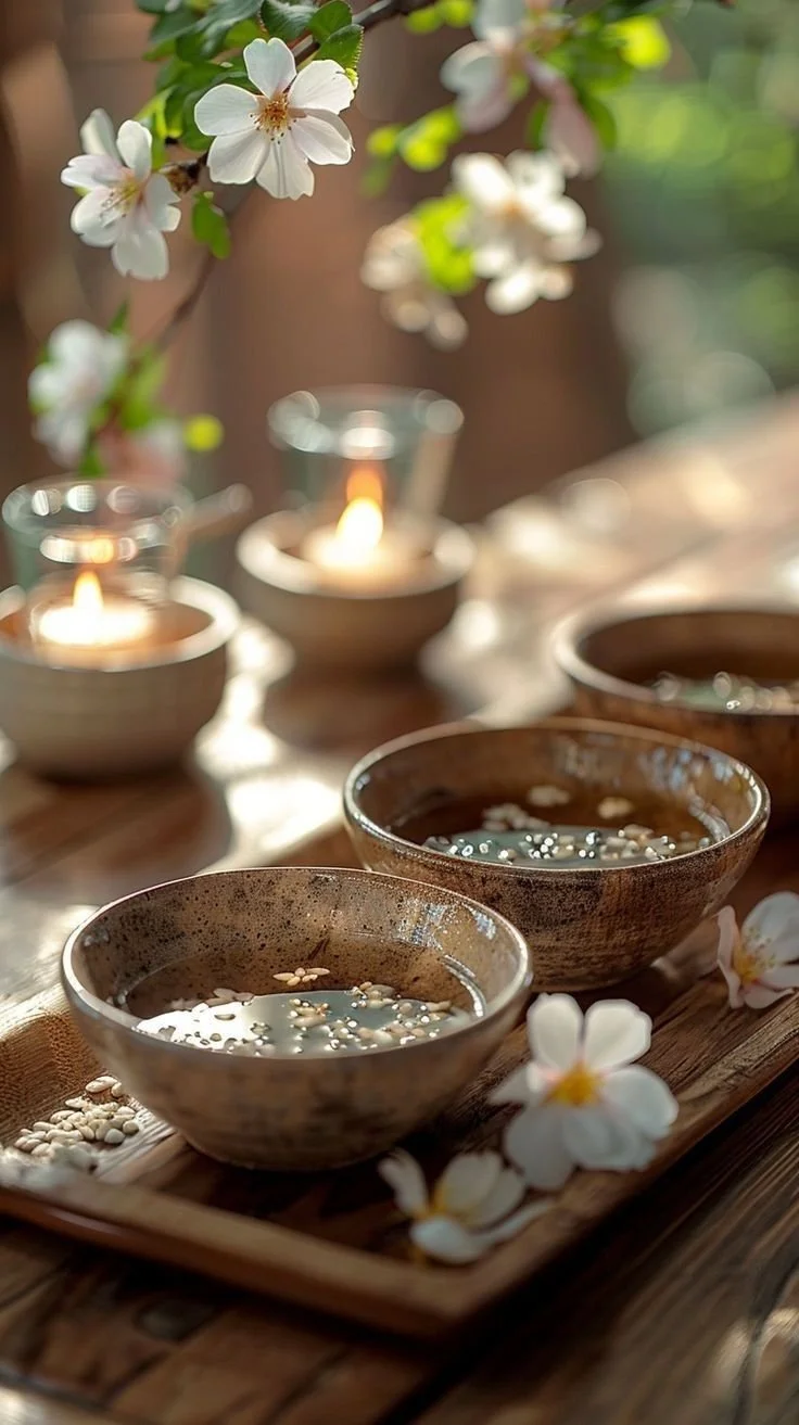 Ceramic bowls with water and floating white seeds, placed on a wooden tray with white flowers and lit candles nearby, in an outdoor setting with blooming flowers and sunlight.
