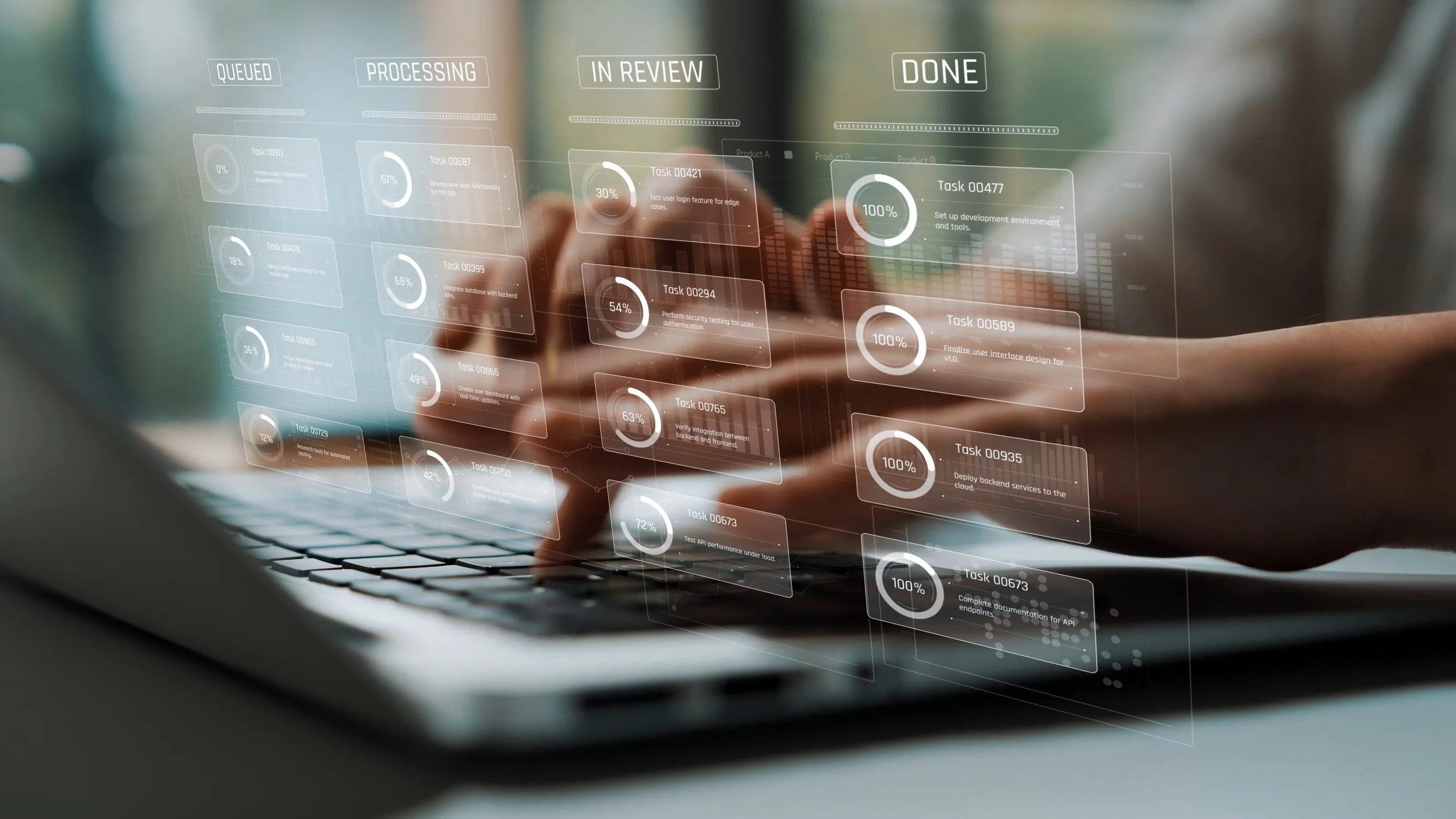 A person typing on a keyboard with a transparent digital task management interface overlay displaying various tasks and progress bars.