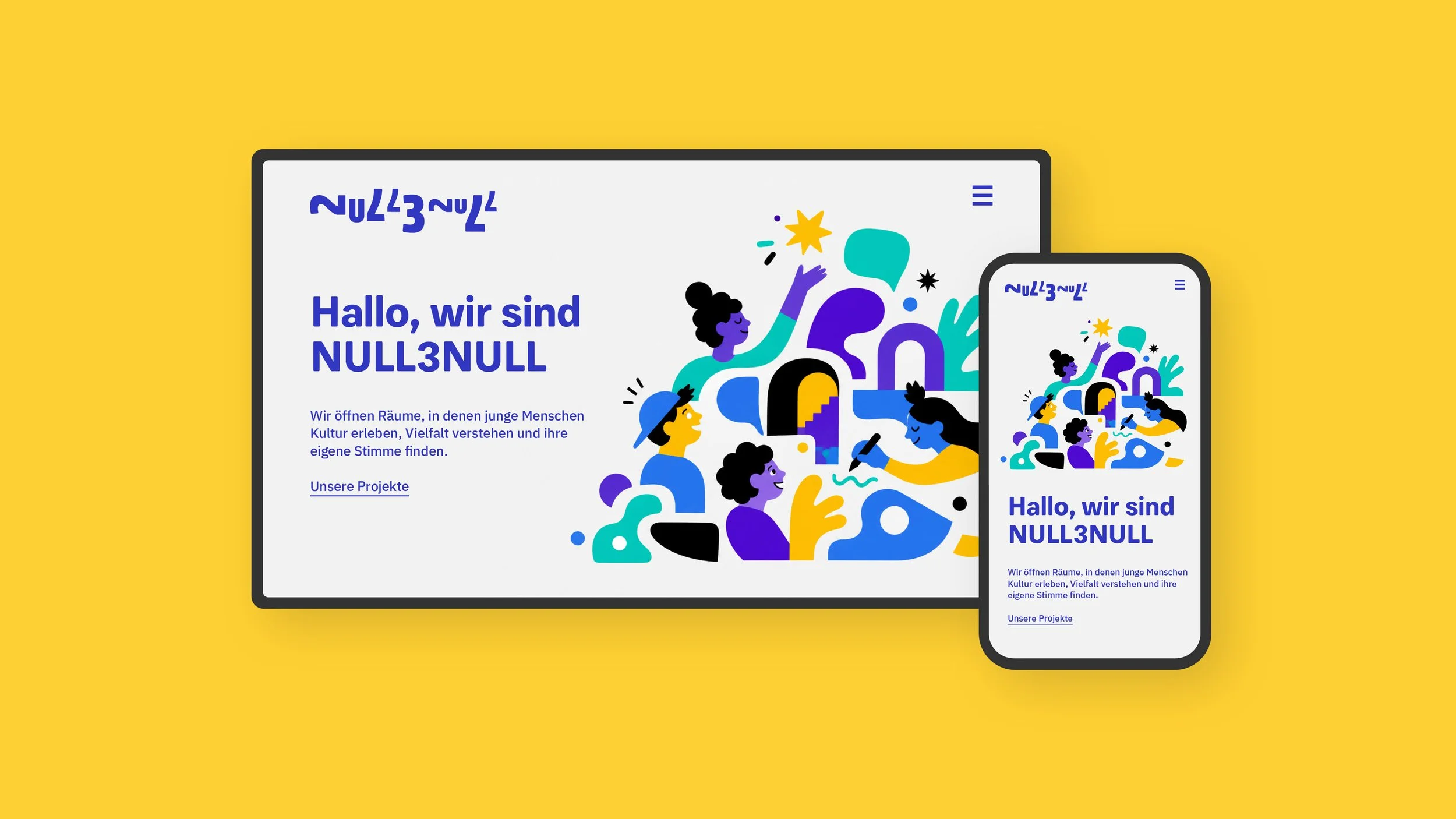 Logoentwurf und Gestaltungsprinzip für Null3Null: farbenfrohes Webdesign für diversitätsbewusste kulturelle Bildung für Kinder und Jugendliche.