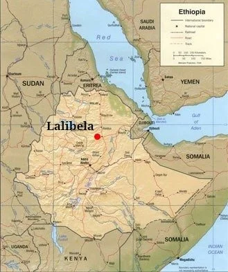 Map of Ethiopia and surrounding countries, highlighting Lalibela with a red dot.