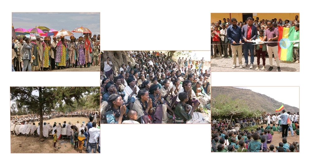 A collage of six photos depicting a large outdoor gathering in Ethiopia, including people protesting, attending a community event, and participating in a meeting, with some holding umbrellas, flags, and listening attentively.