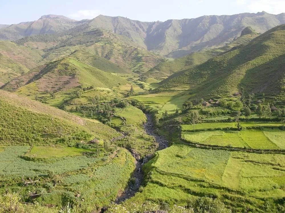 Lush green valley with terraced fields and a winding river, surrounded by green mountains under a blue sky.