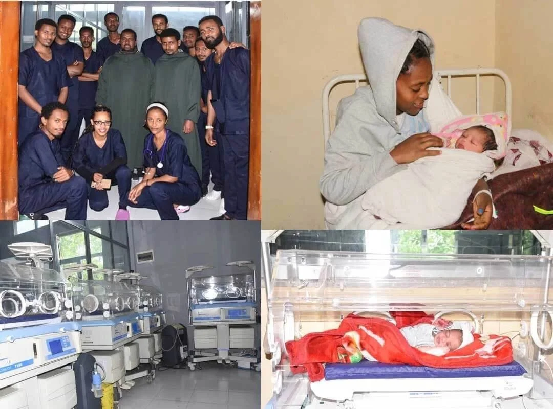 A collage of four images: Top left shows a group of healthcare workers in scrubs, some wearing masks, posing together in a hospital or clinic. Top right depicts a nurse or mother holding a small baby wrapped in a blanket, lying in a hospital bed. Bottom left displays a neonatal intensive care unit with incubators and medical equipment. Bottom right features a newborn baby lying in an incubator with a red blanket.