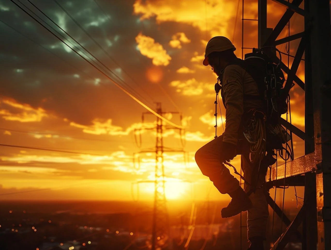 A silhouetted utility worker sitting on a power line tower at sunset with an orange sky and clouds in the background.