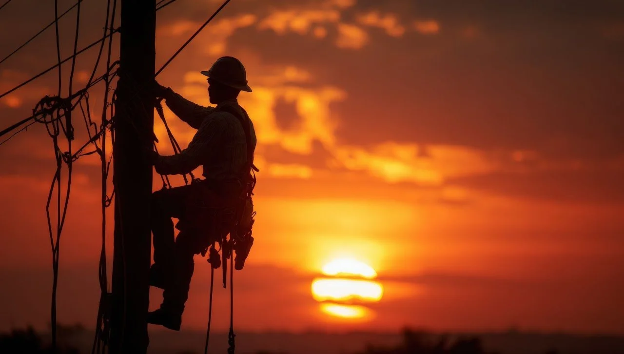 A silhouette of a lineman climbing a utility pole during a vibrant sunset with orange and yellow hues in the sky.