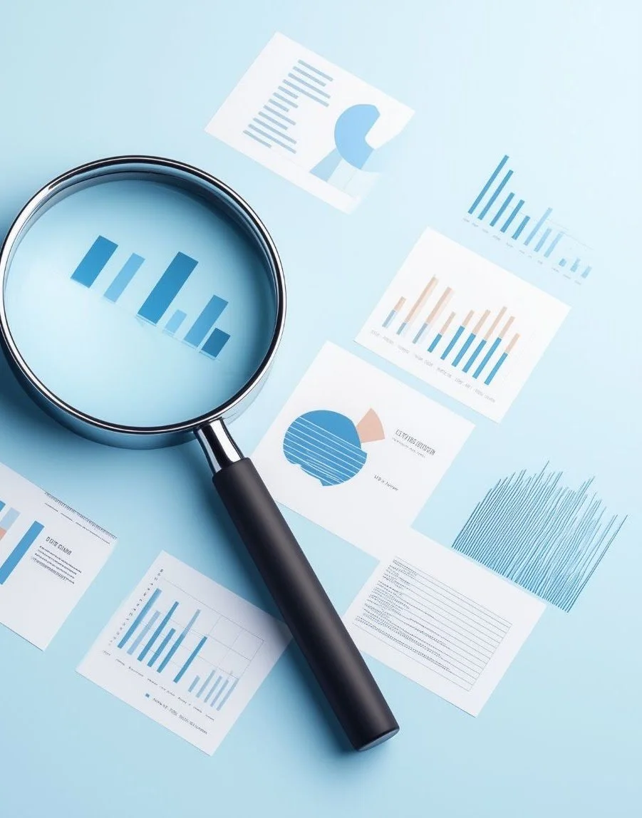 Magnifying glass over several sheets of paper with charts and graphs.