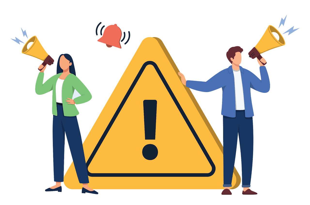 Illustration of a woman and a man holding megaphones, standing next to a large yellow warning triangle with an exclamation mark, indicating caution or alert.