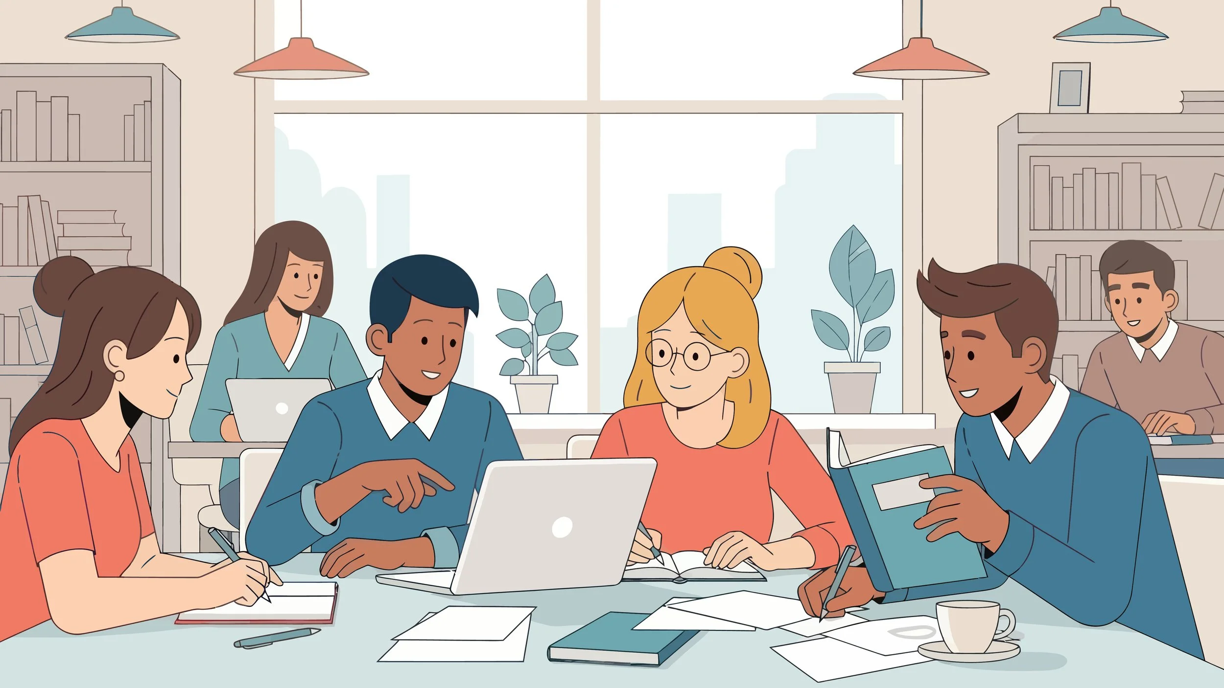 A group of six diverse people sitting around a table in a bright, modern office, engaging in a meeting or discussion. Some are taking notes, others are using laptops or holding books.