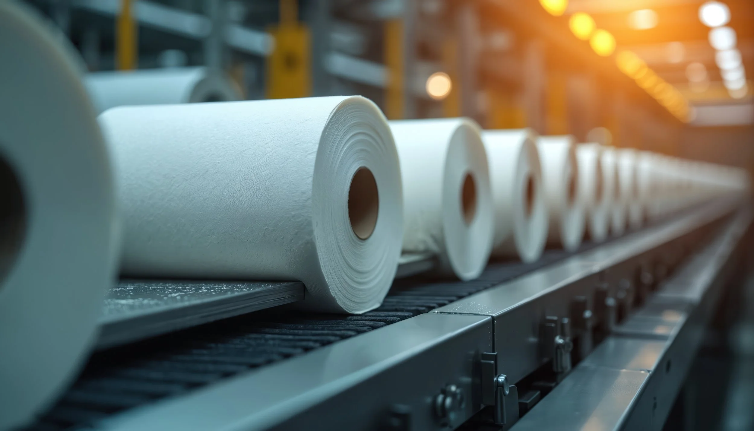 Close-up of large industrial rolls of paper or fabric on a conveyor in a manufacturing facility, with bright overhead lighting and machinery in the background.