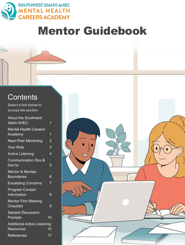 Cover page of a mentor guidebook for the Southwest Idaho AHEC Mental Health Careers Academy, featuring two illustrated people in discussion with a laptop and documents, with a contents list on the left.