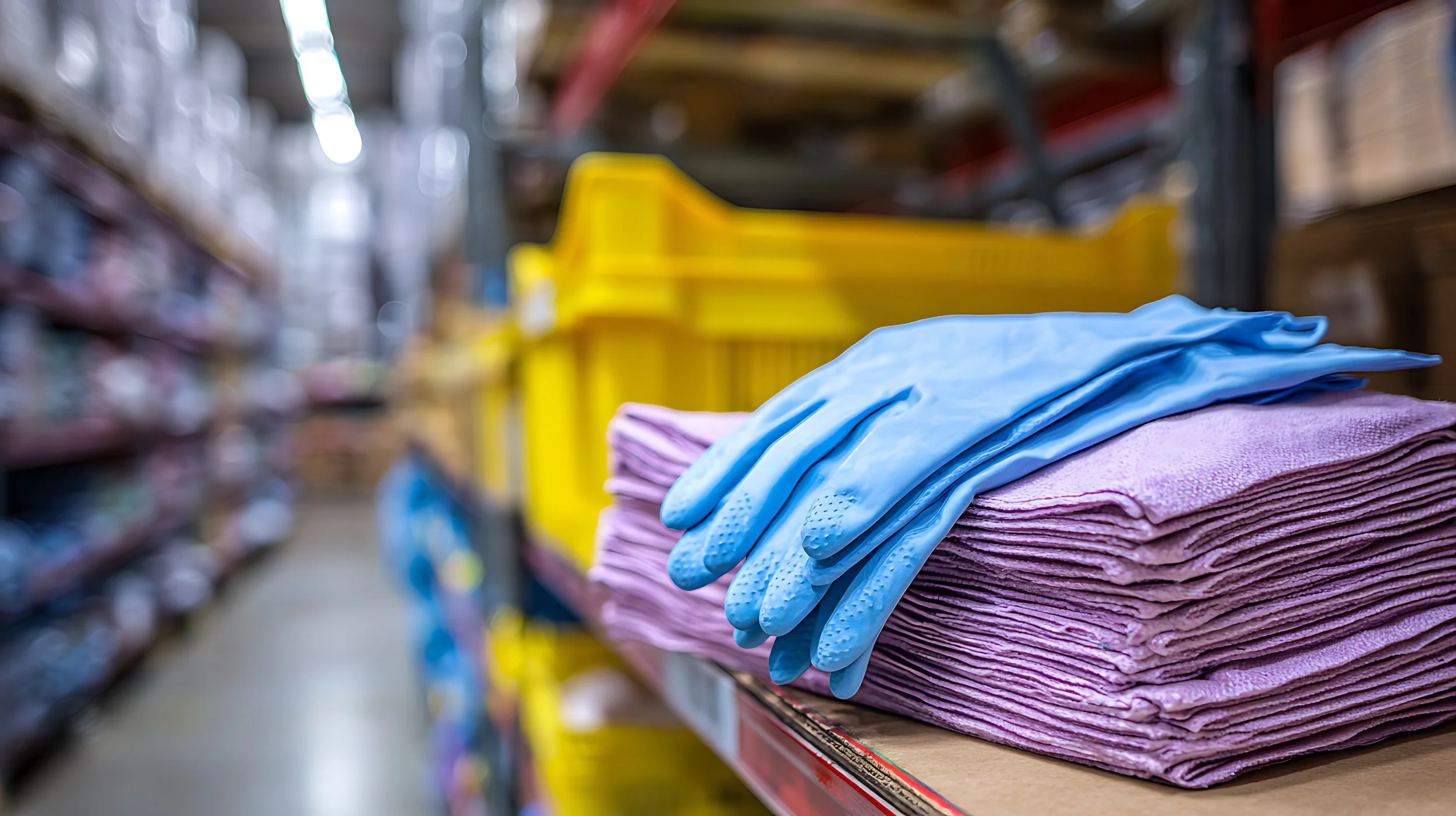 Stacked purple and pink cleaning cloths with a pair of blue rubber gloves on top, on a shelf in a warehouse or store.