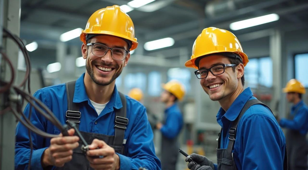 Two smiling male factory workers wearing yellow hard hats and blue uniforms, working with machinery in an industrial setting.