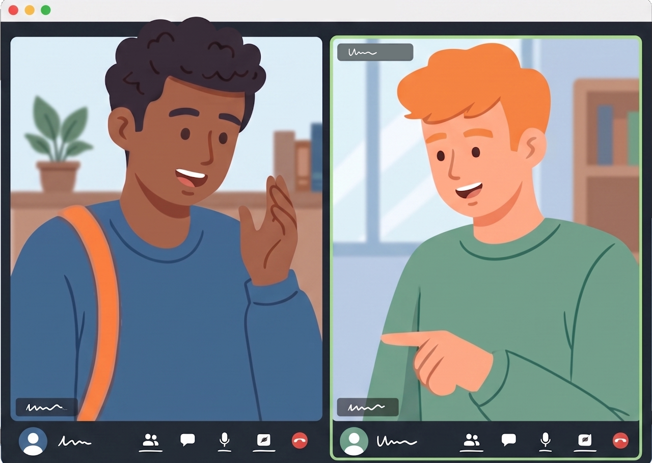 Two animated characters in a video call, one with dark curly hair wearing a blue shirt with orange strap, and the other with orange hair wearing a green shirt, smiling and pointing at each other.