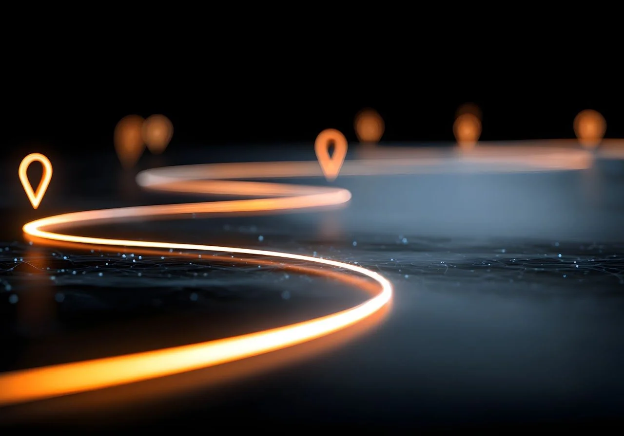 Blurred glowing orange location markers with lines connecting them, set against a dark background, creating a futuristic digital map.