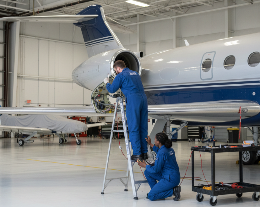 Two mechanics working on a private jet inside an aircraft hangar.
