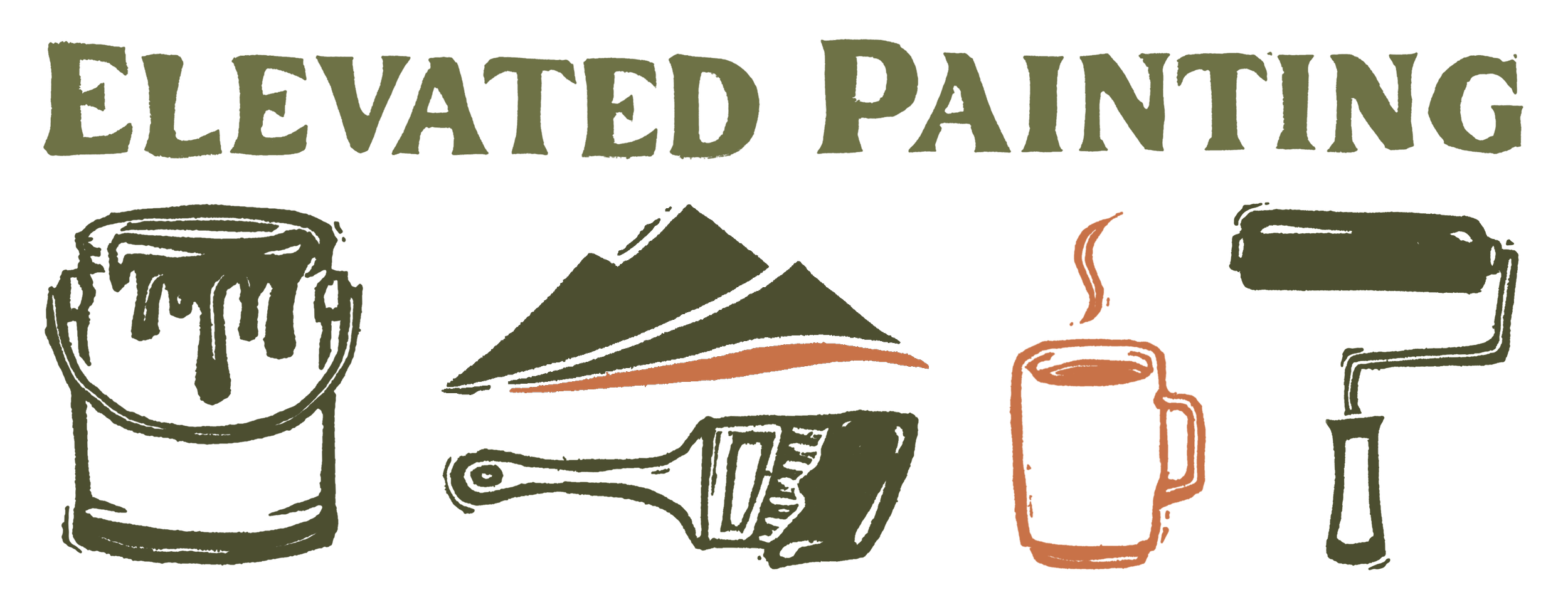 Logo for Elevated Painting featuring a bucket of paint, a paintbrush, a paint roller, and a paint sprayer.