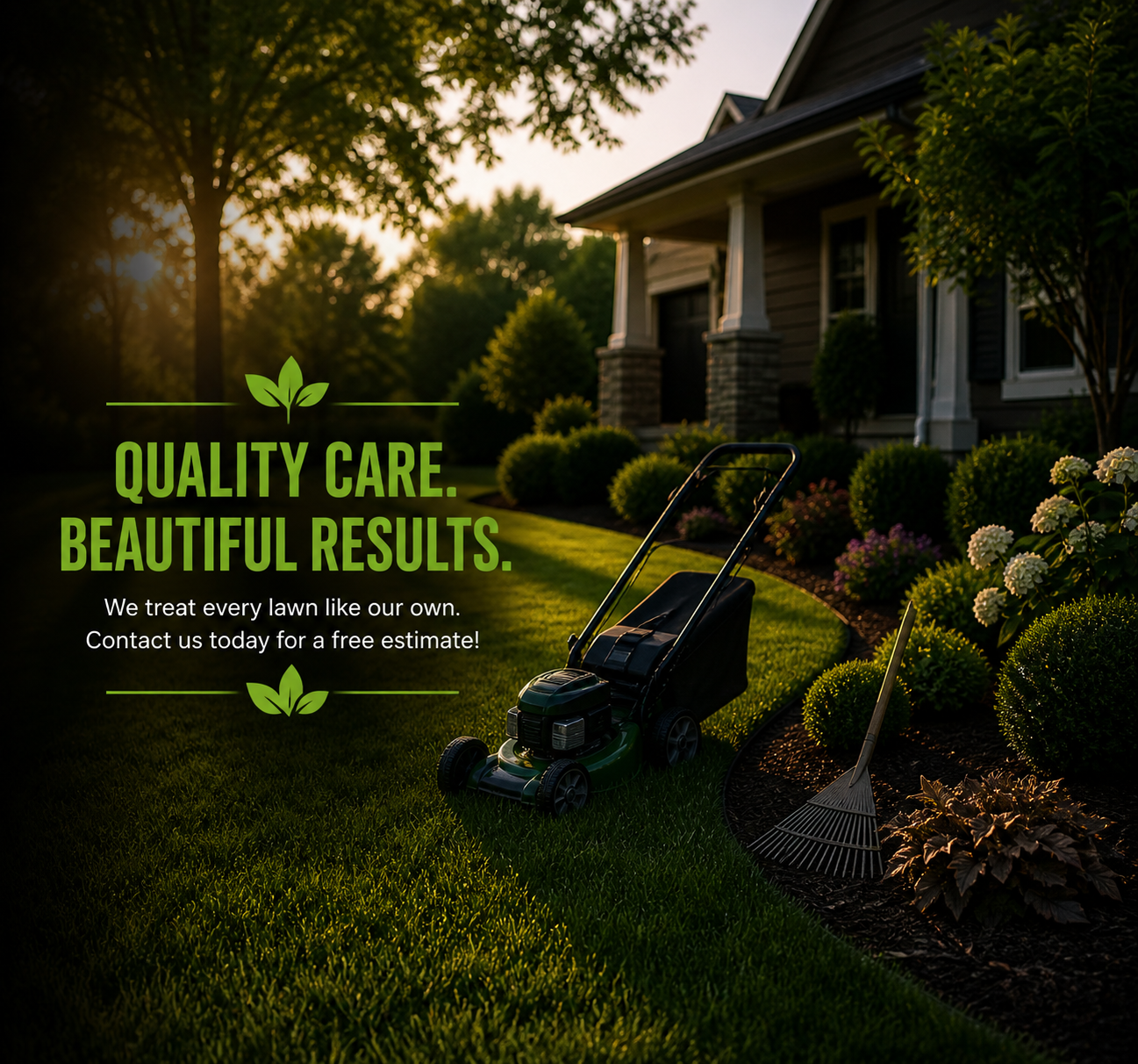 A well-manicured front yard of a house during sunset with lawn care equipment, including a lawnmower and rake, and text promoting landscaping services, stating 'Quality Care. Beautiful Results.'