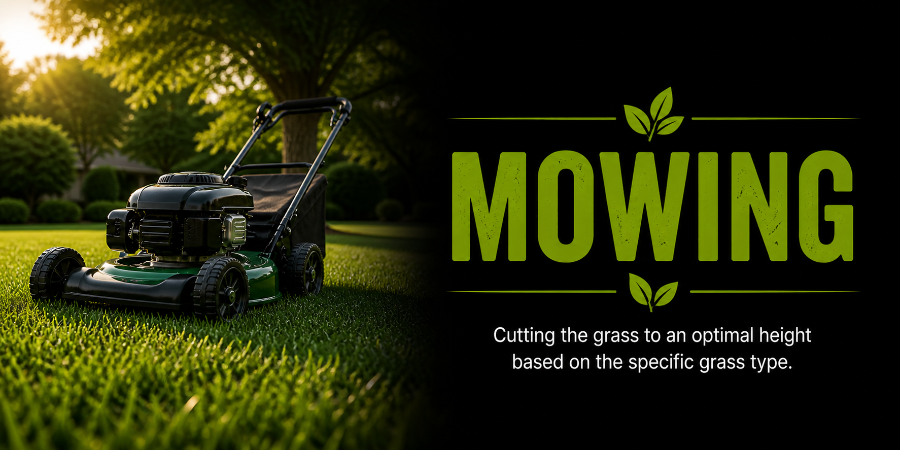 Lawn mower on green grass with tree and sunset in background, with overlay text promoting mowing and grass management.