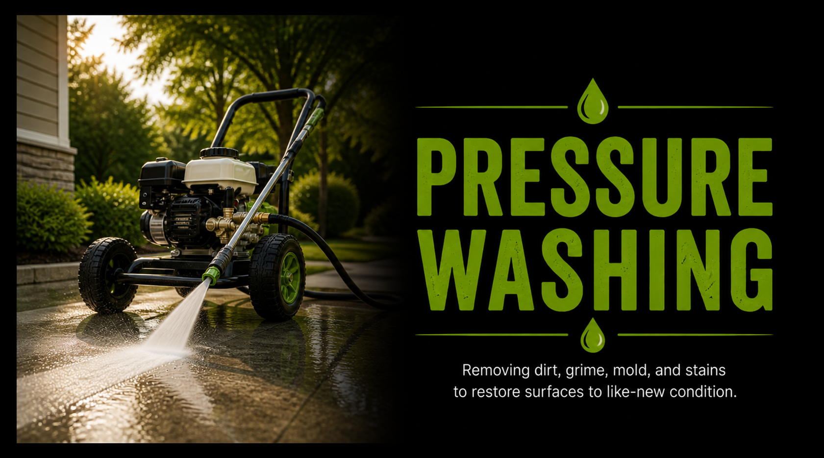 A pressure washer cleaning a concrete outdoor surface with a house and trees in the background. The right side has text reading 'Pressure Washing' with green droplet icons and a description about removing dirt and stains to restore surfaces.