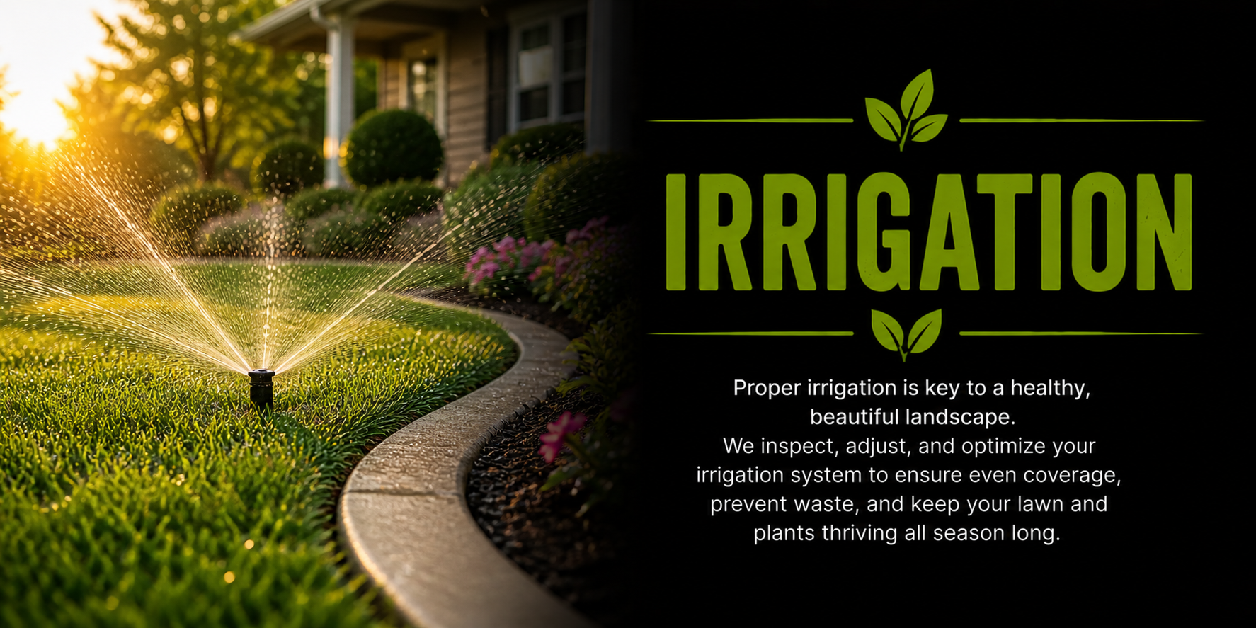 A lush, green lawn with a sprinkler watering the grass, and a house with a garden in the background, illuminated by sunlight at sunset. The right side features a black background with green text that reads 'IRRIGATION' and a description about proper irrigation for a healthy landscape.