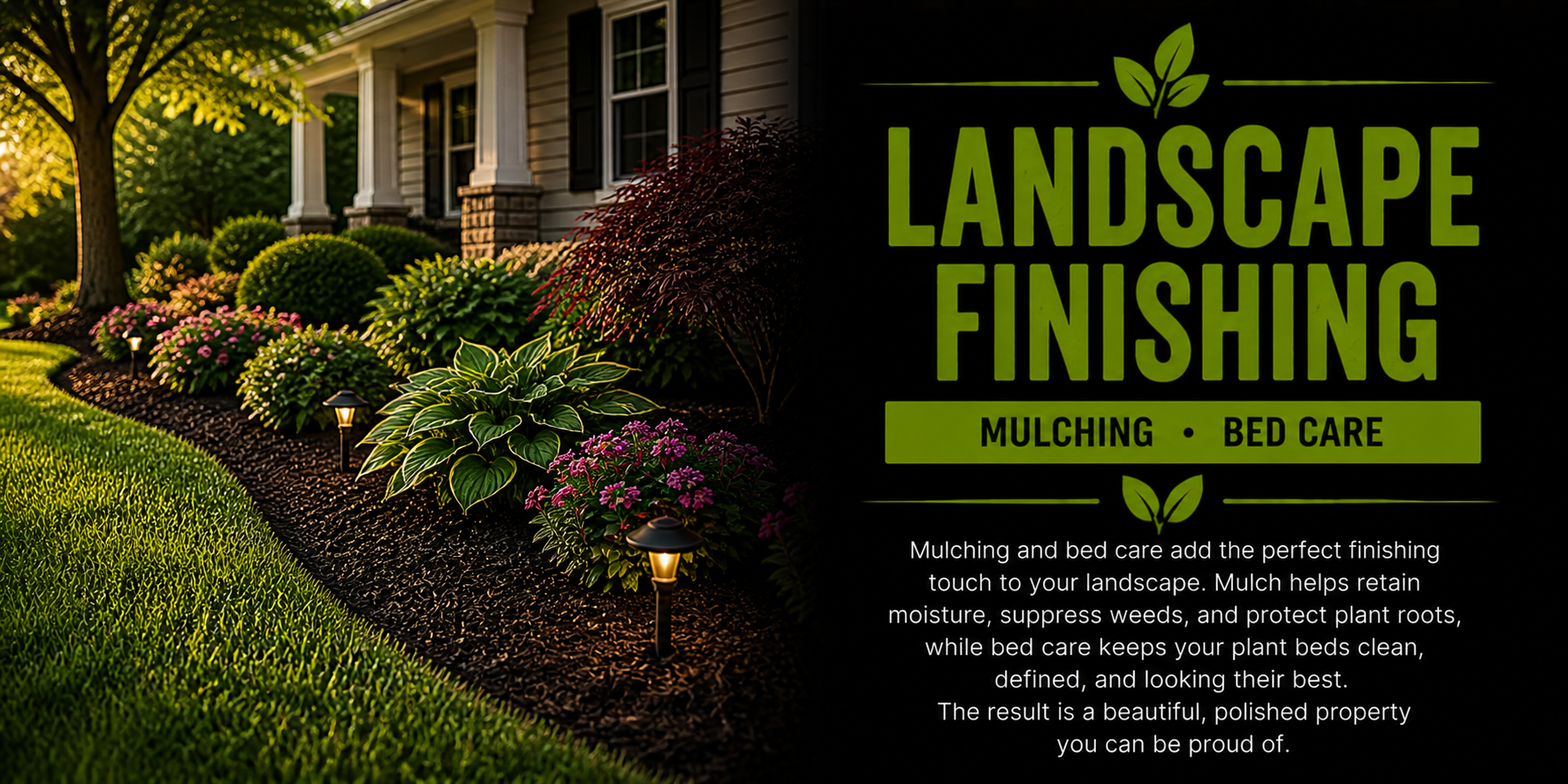 A well-maintained front yard landscape with colorful plants and flowers, illuminated by small landscape lights, with a house visible in the background. Overlay text about landscape finishing, mulching, and bed care.