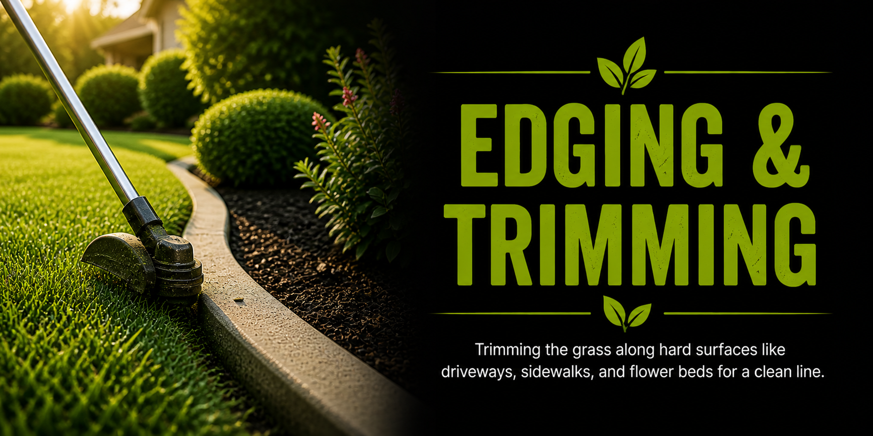 A lawn care worker trims grass along a curved border with a grass edger, featuring lush greenery, bushes, and a house in the background. Overlaid text reads 'EDGING & TRIMMING' with a description about trimming grass along hard surfaces for a clean line.