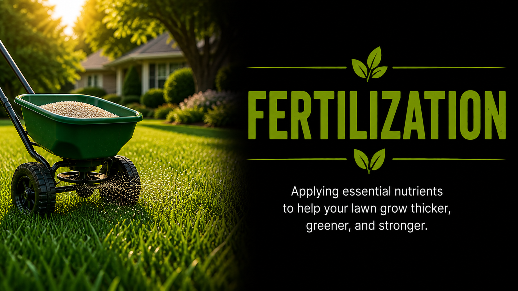 A lawn sprinkler with a green container filled with fertilizer granules watering a well-maintained, lush green lawn in front of a house with trees and shrubs, with text promoting lawn fertilization for thicker, greener, and stronger grass.