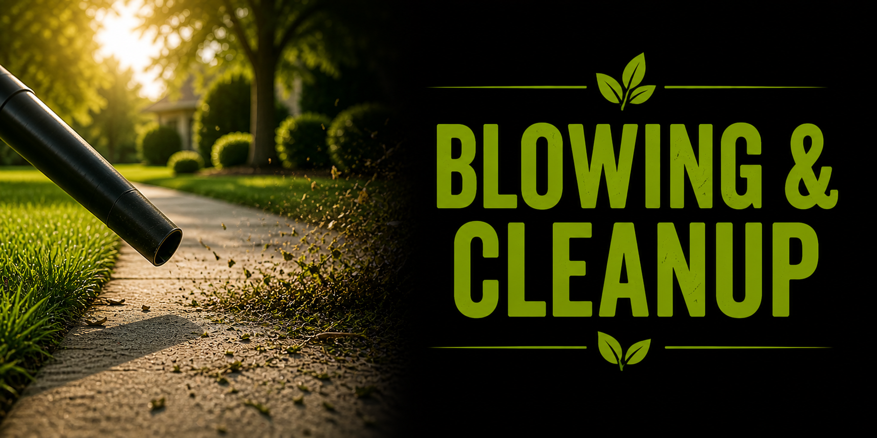 A garden hose spraying grass clippings onto a sidewalk during a yard cleanup at sunset. The right side of the image contains the text 'BLOWING & CLEANUP' in green letters with a leaf icon at the top and bottom.