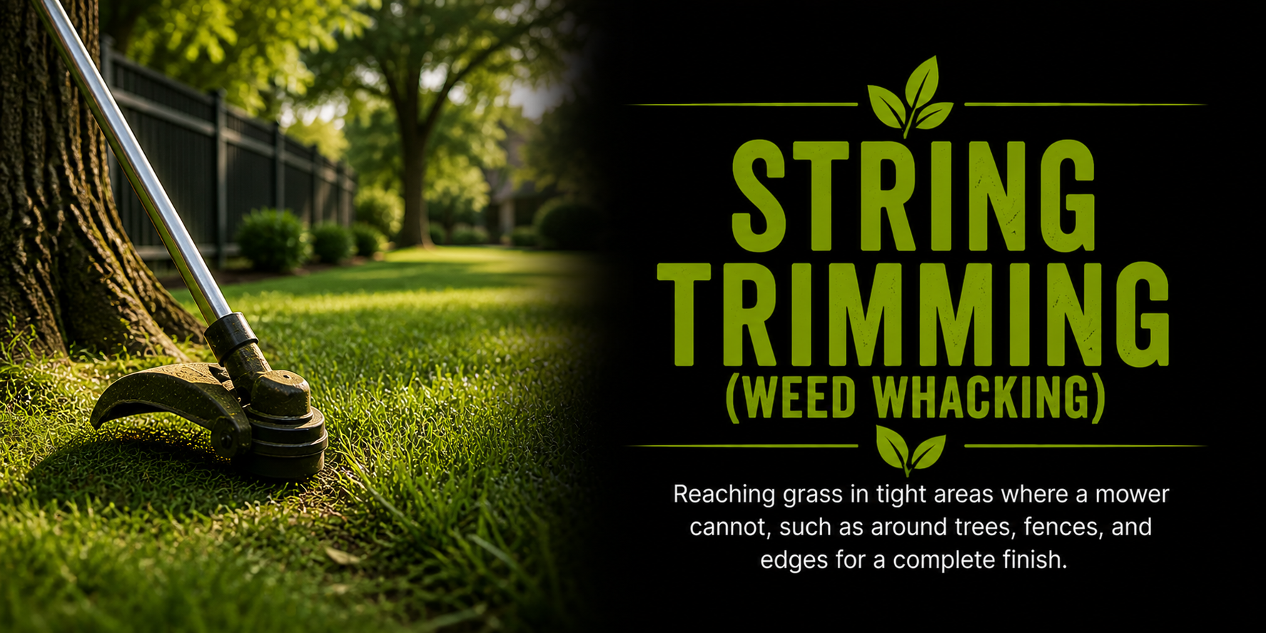 A garden scene with a string trimmer (weed whacker) on a well-maintained lawn, near a tree with a thick trunk, and a black fence in the background. The right side of the image features text about string trimming and weed whacking.