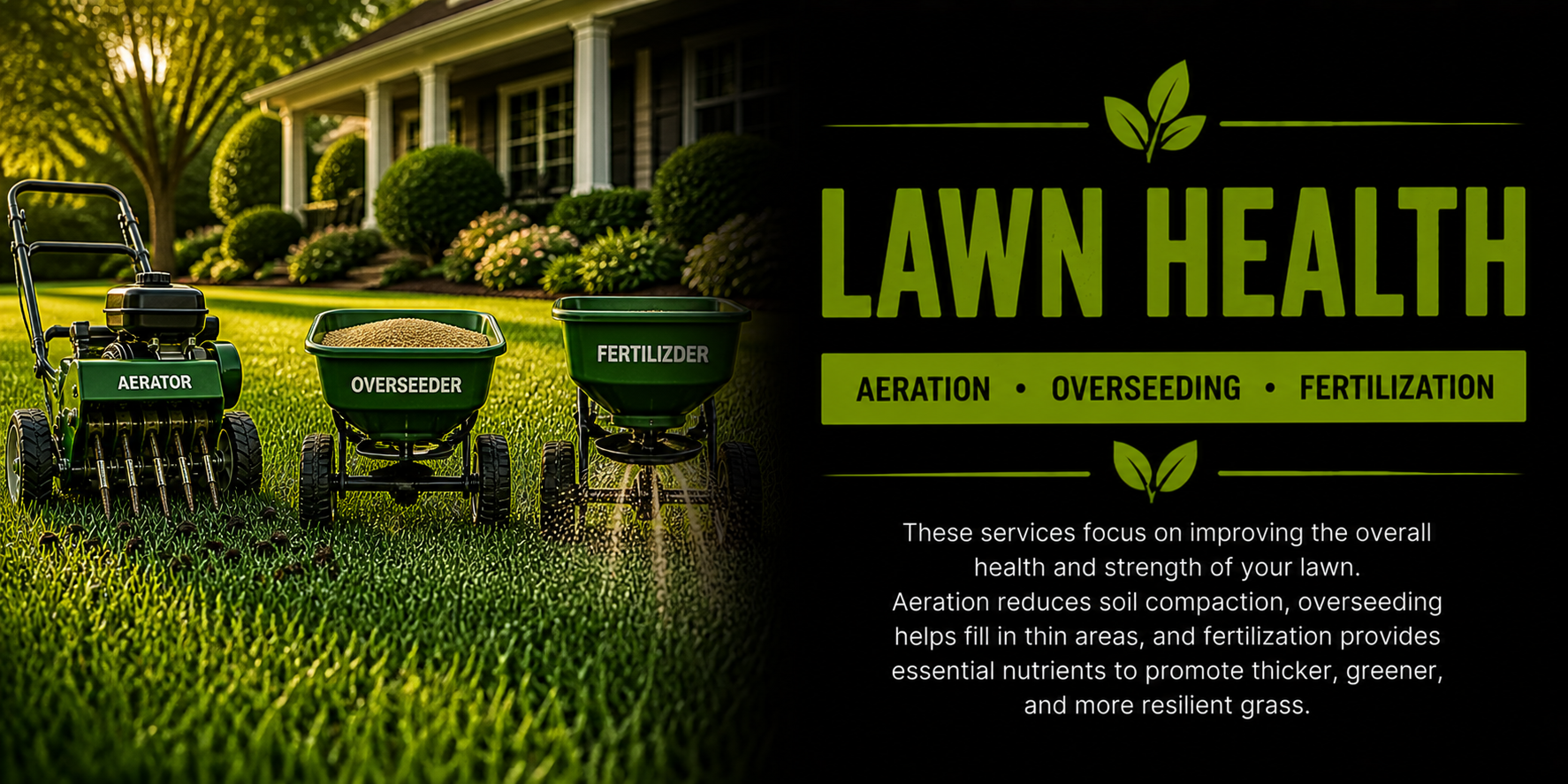 A yard with a house and manicured bushes, with three labeled lawn care tools: aerator, overseeder, and fertilizer spreader, on green grass. To the right, a black background with green text reads "Lawn Health" and describes services like aeration, overseeding, and fertilization.