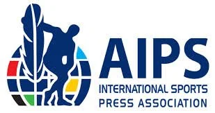 Logo of the International Sports Press Association (AIPS) featuring a stylized figure of a person holding a globe surrounded by colored sections.
