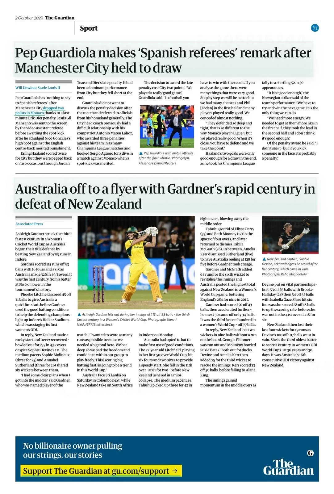 Newspaper page with articles about soccer referee Pep Guardiola's remark after Manchester City match and about Australia's cricket team winning against New Zealand, with photos of players in action.