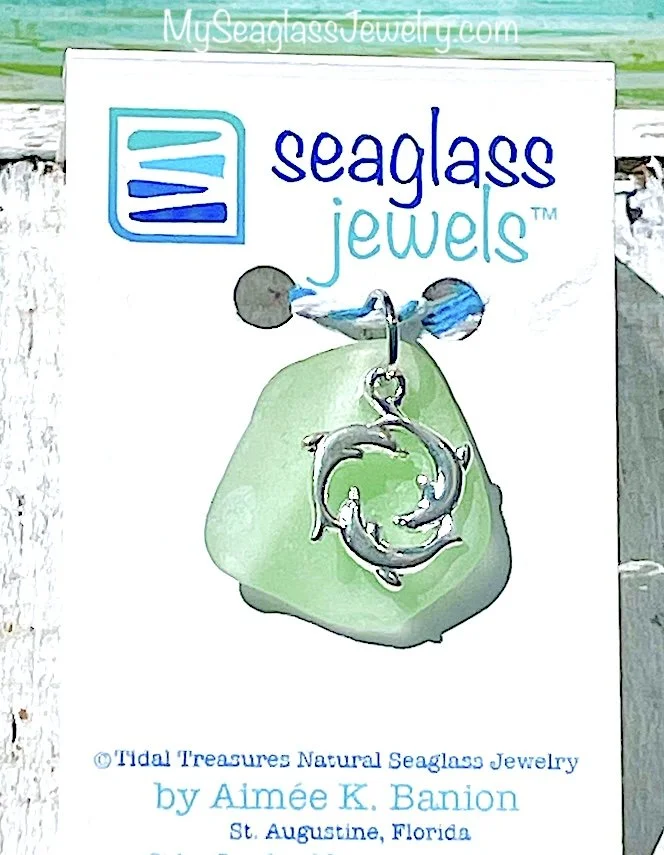 Seaglass Pendant with 18" Chain - Seafoam with Dolphins